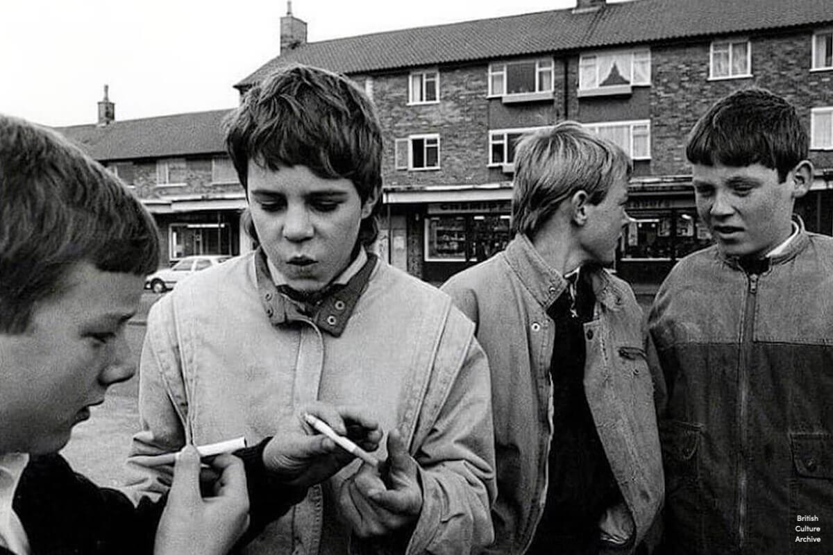 School boys smoking in Liverpool, 1980s.